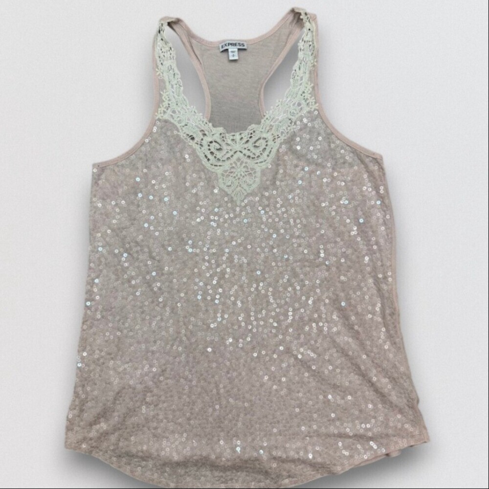 Sequin Lace Racerback Tank Top Blush Pink Sleeveless Sparkle Women's Small